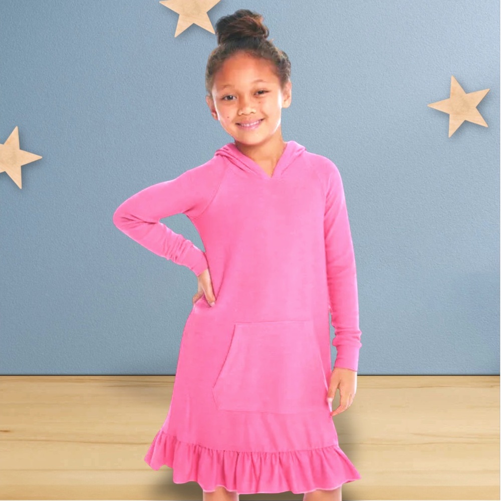 NWT CHASER cozy knit long sleeve hooded ruffle hem dress light pink size 6
